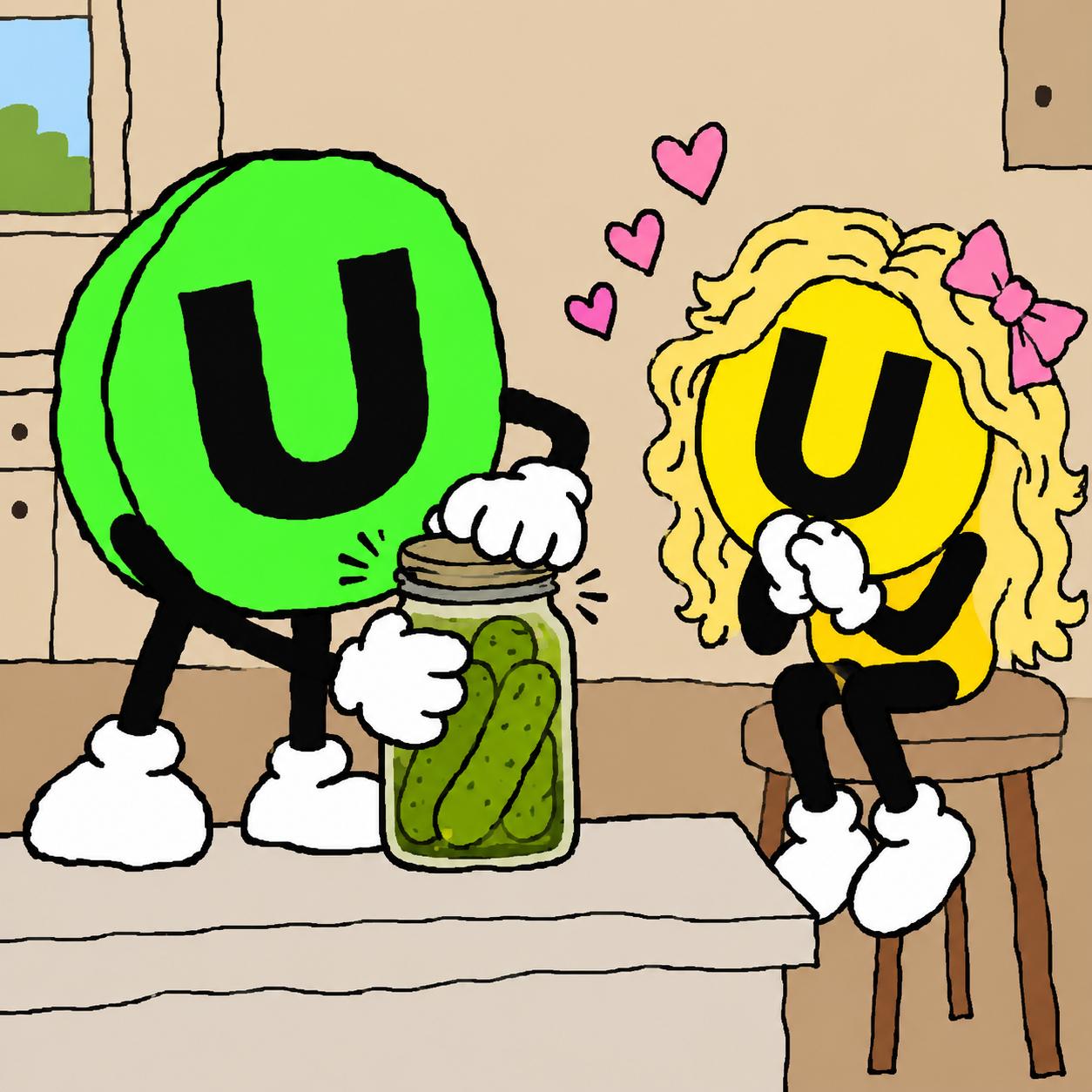 USEFUL opens a pickle jar as USELESS looks on with hearts above her.