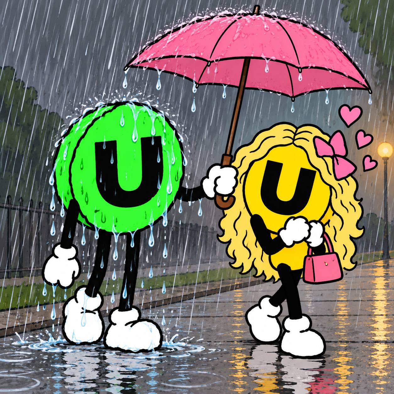USEFUL gets soaked while holding an umbrella over USELESS.